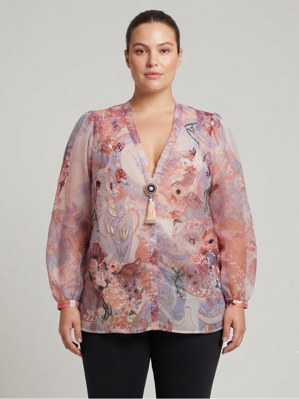 Diane Freis Original Sheer Floral Beaded Blouse Jacket Tassel Clasp Vintage